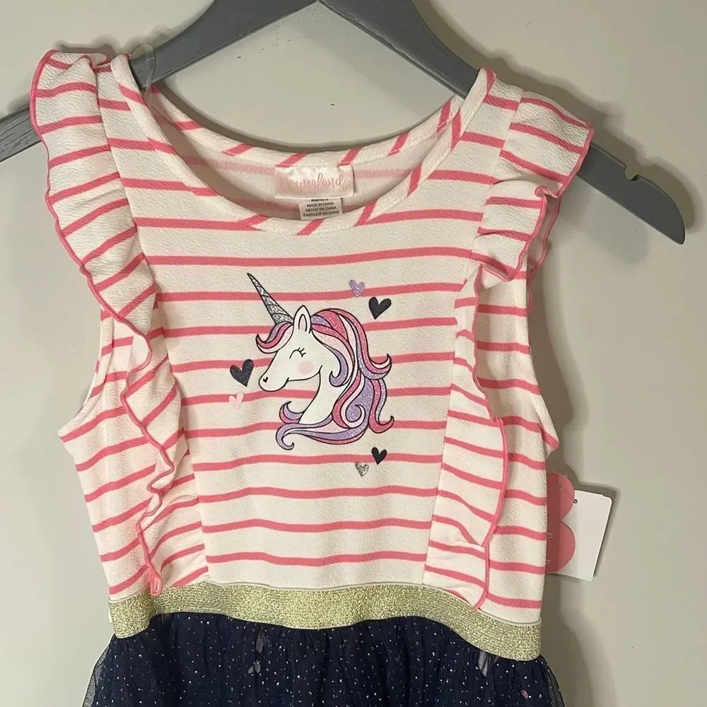 Youngland Girl's Pink Ruffled Detail‎ Unicorn Heart Print Dress Size 12 NWT